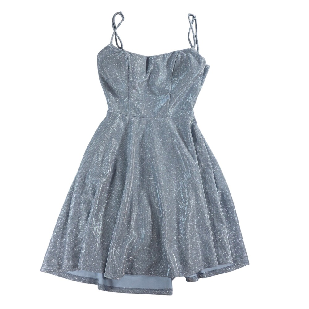 B. Darlin Women Size 0 Silver Fit and Flare Shimmer Spaghetti Strap Dress